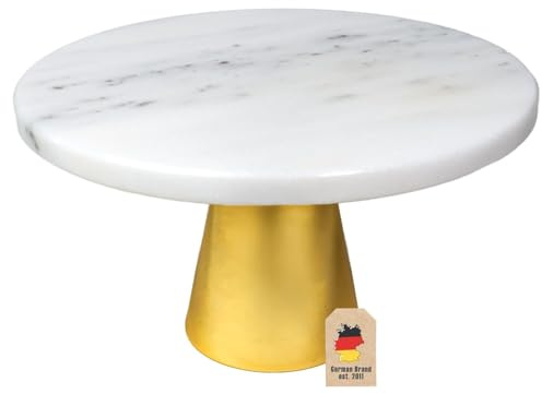 INTIRILIFE Kuchenplatte Tortenständer mit goldenen Standfuß und Marmor Platte - 20 x 11.3 cm - Teller Platte für Kuchen Torten Runde Servierplatte für Gebäck