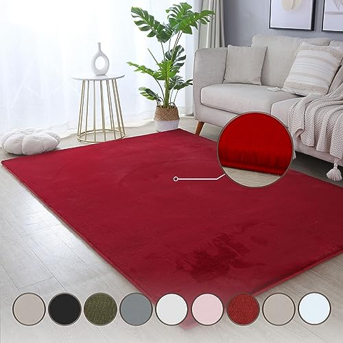 HomebyHome Teppich Wohnzimmer 140x200 cm Rot Waschbarer Hochflor Flauschiger Teppiche Einfarbig Moderne Design - Küchenteppich Waschbar Shaggy Extra Weich Teppich für Schlafzimmer Kinderzimmer