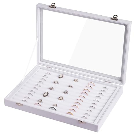 Frebeauty Organizer für Ringe / Ohrringe mit transparentem Deckel, 10 Fächer, Samt-Schubladeneinsatz, Schmuck-Aufbewahrungsbox, transparenter Glasdeckel, Schmuckvitrine, Geschenk für Mädchen und