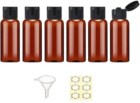 Apstaqeoo 6PCS 50ML Plastic Travel Bottles with Flip Cap Empty Squeeze Bottles Refillable Travel Container with 1 Funnel & 6 Labels TSA Approved for Liquids Lotion Toiletries Cosmetic (Brown)