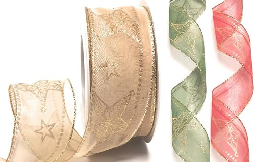 s.dekoda Schleifenband 20m x 40mm Creme Beige - Gold Organza Sterne Dekoband Geschenkband [D9218]