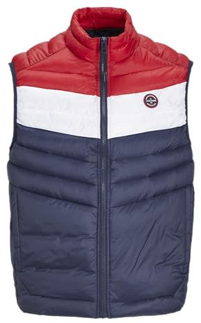 JACK & JONES Men's Quilted Puffer Gilet – Full Zip Quilted Sleeveless Jacket with High Neck Lightweight Jacket, Navy Red Colour, Size- L