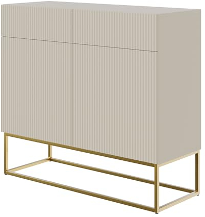 Selsey Kommode Schrank Aufbewahrungsschrank 100 cm Mit 2 Schubladen Und 2 Türen Graubeige Goldene Beine Veldio