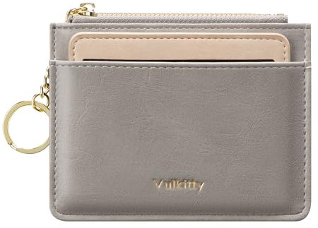 Vulkitty Schlanke Minimalistische Damen-Geldbörse aus Leder mit Kartenhalter und Abnehmbarem Ausweisfenster Damen Geldbörse mit Reißverschluss und Schlüsselanhänger Geldbörse mit Vordertasche