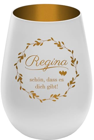 Personalisierbares Windlicht ''Schön DASS es Dich gibt - Weiß/Gold - graviertes Glas - persönliche Geschenkidee für Freunde und Familie