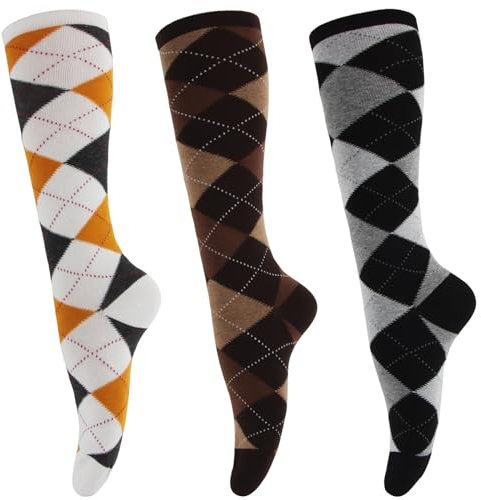 ACTOYS 3 Paar Karierte Reitsocken, Knie Stiefelsocken, Kniestrümpfe Damen, Knee High Socks, Modische Radsocken mit Karomuster, Warm und Bequem(Gelbweiß, Schwarzweiß, Braun)