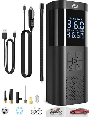 SERVOMASTER Tyre Inflator Air Compressor, Mini Portable Air Compressor with Pressure Gauge, Battery Operated 150 PSI 12V DC, Car Tyre Pump with LED Light for Cars, Motorcycles, Bicycles and Balls