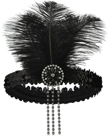 Pailletten Stirnband mit Federn, Federn Stirnband Strass Flapper Kopfschmuck 20er Jahre Stil Flapper Haarband Strass-Haarschmuck Damen Kostüm Accessoires für Karneval, Party, Tanz, (Black, One Size)