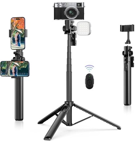 ULANZI MT-70 Extendable Tripod, 63 Selfie Stick Vlog Tripod Stand with 2 Phone Clips as Teleprompter, 360° Rotate Camera Holder for iPhone, Sony, Canon, DJI Osmo Nano, Lightweight for Travel, Black