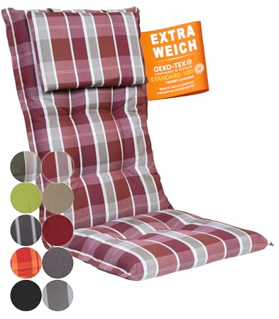 gardisun Gartenstuhlauflagen Hochlehner mit Kopfteil I Extra Dicke Sitzauflagen I Made in EU Polsterauflagen für Hochlehner I Auflagen mit extra hoher Lichtechtheit I 3er Set Rot kariert Pastell