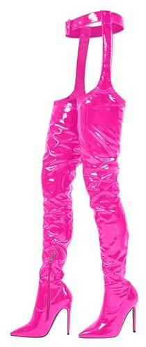 blingqueen High Heel Stiefel Schenkelhoch mit Spitzer Zehe und Gürtel Chap Boots Belted Sexy Stilettos Lack Pink 46 EU
