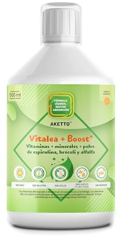 AKETTO Vitalea+Boost Multivitamínico Líquido 500ml – Vitaminas B12 B6 C D3 y Minerales – Espirulina Brócoli Alfalfa – Energía y Defensas – Para Mujer y Hombre – Sin Gluten – Sabor Naranja