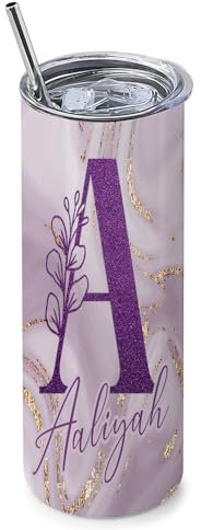 Getagift Personalised Initial with Name, Glitter Marble Alphabet, Gift for Girls, 20 OZ Stainless Steel Skinny Tumbler, Double Walled Vacuum Insulated with Closed Lid and Metal Straw.