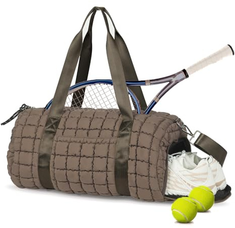 Lushandy Gesteppte Seesack für Damen, Puffer Gym Duffle Bag mit Schuhfach, Puffy Duffle Bag für Reisen, Übernachtung, Handgepäcktasche, Workout, Wochenendtasche, Braun, 18.9 x 9.4 x 9.4 inches,