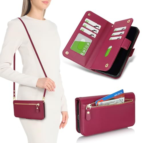 SailorTech for iPhone 13 Pro Max Phone Case with Card Holder for Women, iPhone 13 Pro Max Wallet Case Crossbody with Credit Card Slots Flip Case Zipper Shockproof Case for Men-Red
