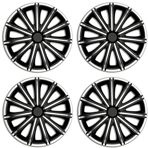 Radkappen 16 Zoll Schwarz-Silber Matt 4er Satz Radzierblenden | Passend für viele 16-Zoll-Stahlfelgen von VW, Ford, Opel, Renault, Peugeot, Citroën, Seat, Skoda, Toyota & Kia