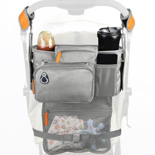 Universal Stroller Organizer with Cup Holder and Phone Holder, Insulated Cup Holder, Large Pocket, Stroller Caddy for Phone Fits Most of Stroller Like Baby Jogger, Britax, BOB, Umbrella, Doona (Grey)