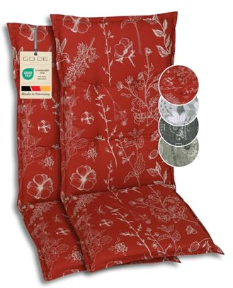 GO-DE Textil Bequeme und attraktive Polsterauflagen für Mittellehner-Gartenstühle (2er-Set, Blumen und Stengel rot, Mittellehner)