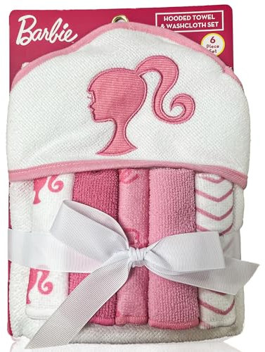 Barbie Barbie - Barbie - Serviette de bain à capuche pour enfant - En peluche douce - Avec serviette à capuche et 5 gants de toilette - Rose/blanc