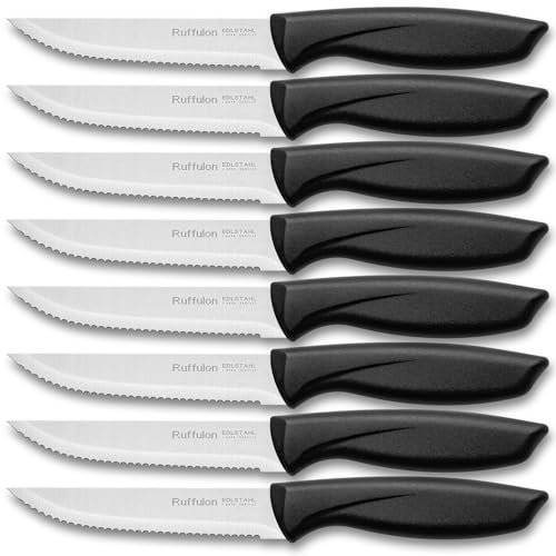 Ruffulon Set 8 Pezzi di Coltelli da Bistecca,Coltelli da Cucina Ultra Affilati,Robusti Coltelli da Tavola,Coltelli Bistecca Seghettati Nero,Posate in Acciaio Inox,Coltelli da Cucina Professionali