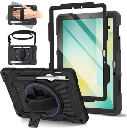 ROSROME Case for Samsung Galaxy Tab S10 Lite/S10 FE/ S9 FE 10.9-Inch/ S9 11-Inch with Screen Protector, Shockproof Kids Tablet Cover, 360°Rotating Stand/Shoulder Strap/Penicl Holder, Black