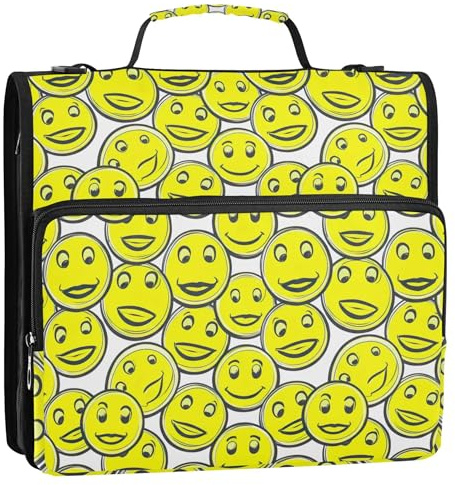 Ordner mit Smiley-Gesichtern, 3,8 cm, 3 Ringe, Reißverschluss, Organizer mit Riemen, mittlere Schultasche, Business, mehrere Taschen, große Portfolio-Mappe
