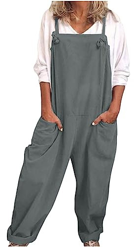OVARA Womens Jumpsuits Clearance Casual Baggy Dungarees Ladies Solid Color Cotton Linen Straight Leg Overalls Loose Fit One Piece Playsuits with Pockets