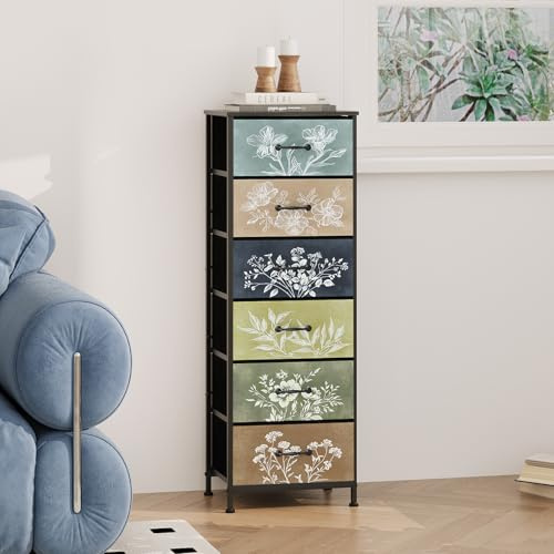 Welfuturer Kommode mit 6 Stoffschubladen, Vintage-Stoffkommode mit Pflanzenmuster, großer Aufbewahrungsschrank für Schlafzimmer, Wohnzimmer, Kinderzimmer & Eingangsbereich