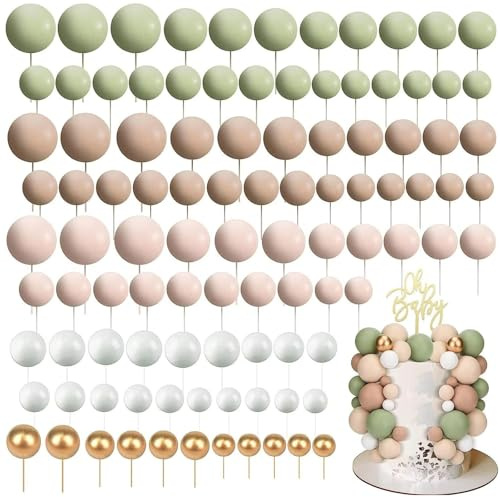 HTTDSLF 110 PCS Tortendeko Kugel, Kuchen Dekoration Taufe Deko, Tortendeko Kugel Cake Topper für Junge Kinder, Kuchen Dekorationen, für Hochzeit Babyshower Geburtstag Party Feierlichkeiten, Grün Braun