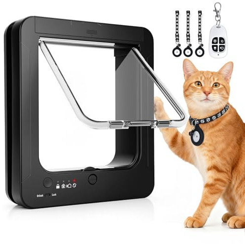 Smart Cat Door for Interior & Outior, RFID Cat Pet Door with 3 Collar Sensor Keys & 1 Remote Control & 4 Way Locking Cat Flap with Collar Sensors Activated Opening CatDoor (Black)