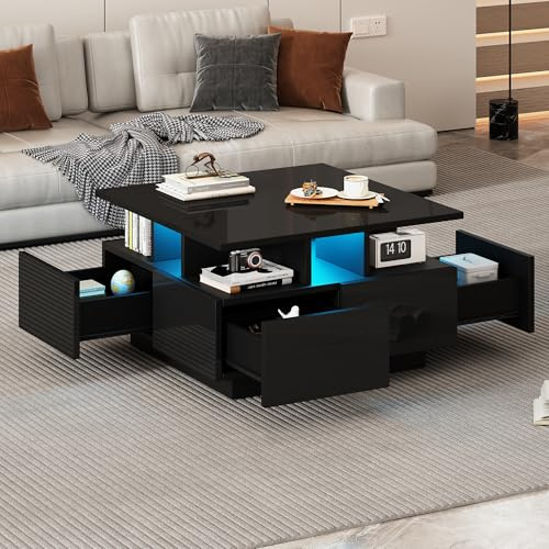 BTM 70x70x40cm Wohnzimmer teetisch, Hochglanz kaffeetisch, Couchtisch mit LED licht, sofatisch mit 4 schubladen,Beistelltisch mit geometrische Design, Schwarz, Gesamttragkraft 30kg