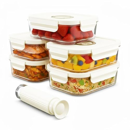 SPARES2GO Boîtes de conservation sous vide en verre avec couvercles à clips (Lot de 5, Grand format, 1480 ml) + Pompe manuelle