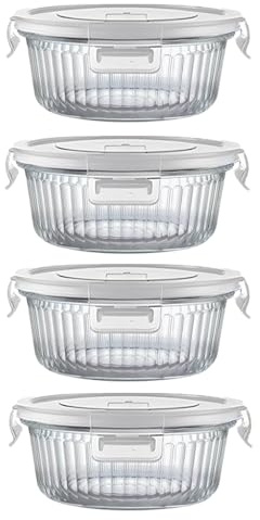 H.JSS WDJS 4Pack Kleine Rund Glas Meal Prep Boxen, Runde Glasbehälter mit Deckel BPA-Fre, Kleine Meal Prep Gläser für Mikrowelle, Gefrierschrank und SpüLmaschine, Ideal für Suppe, Lunc (Weiß-370ml)
