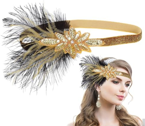 Vintage Flapper Stirnband 20x15x1cm mit Pailletten Strass Federn | Goldenes Accessoire für Lange oder Kurze Haare, 1 Stück, für Carnival und Weihnachten Event