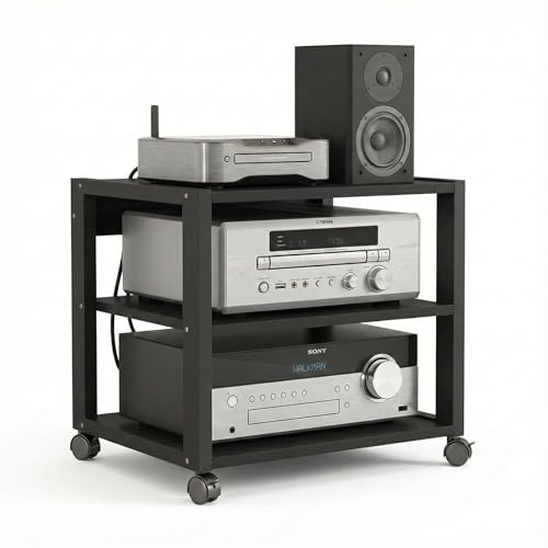GTYMTTX Mobile Hi-Fi Rack Audio a 3 Ripiani, Supporto Stampante con Ruote, Tavolino Porta Stereo per Giradischi e Amplificatore, Scaffale Multiuso in Metallo per Ufficio e Casa, Nero