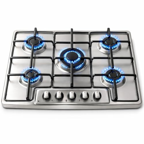 BAKAJI Piano Cottura in Acciaio Inox da 75 cm per Alimentazione a Gas con Griglia Removibile in Ghisa e 5 Bruciatori, Fornelli Lavabili per Cucina, Facile da Pulire, Manopole di Controllo a Ponticello