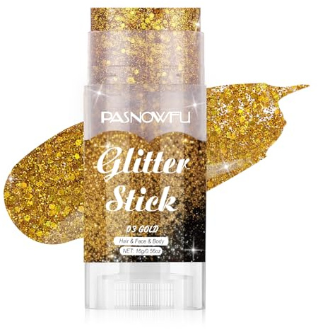 PASNOWFU Gold Body Glitter Stick, Shimmer Face and Body Glitter for Women and Girls, Gel Formula Hair Tinsel Festival Accessories for Party Concert Makeup, Stage Performance Cosplay Events