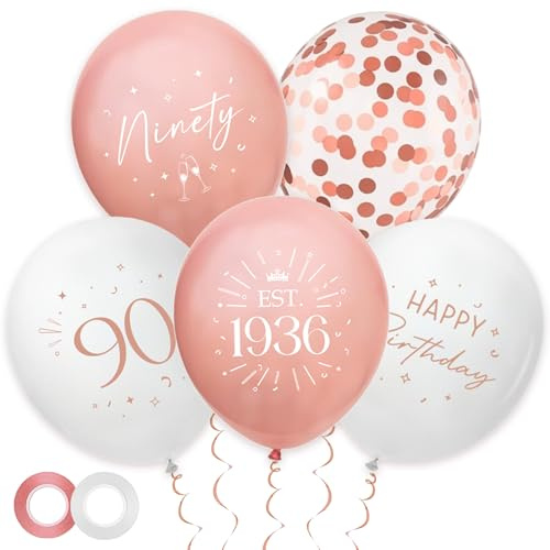 30 Pack 90th Birthday Balloons Decorations - Rose Gold 90 Party Decor for Women Ninety Balloon with Ribbon, Retro Vintage Classic EST.1936 Happy 90th Birthday Decoration