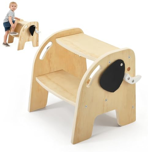 Tabouret à 2 Marches en Bois pour Enfants, Marchepieds pour Enfants avec Repose-Pieds et Surface Antidérapants, Escabeau pour Enfants, Solide et durable Marchepied Bébé pour Salle de Bain, Cuisine