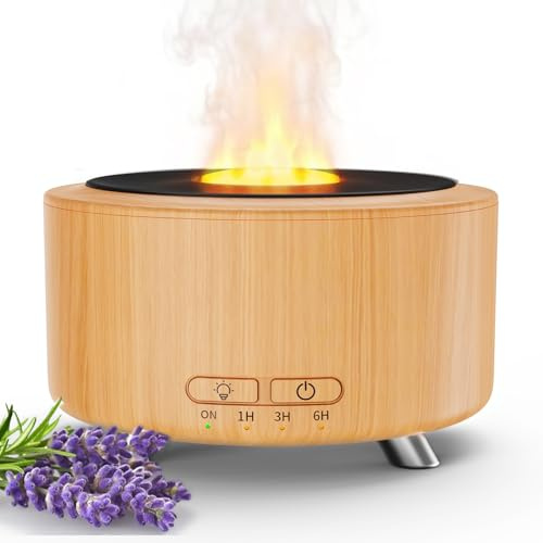 Aroma Diffuser, 500ML Flammeneffekt Raumduft Diffuser Diffusor für Büro, Raum und Yoga, Duftöl Diffuser für Ätherische Öle mit Ultraschall-Technologie, 9-farbiges LED-Nachtlicht, Holzoptik