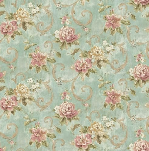 Vintage French Damask Peel and Stick Wallpaper Thickened Removable Self Adhesive Wall Paper Design for Walls Bathroom Bedroom Home Decor 17.3in x 118in Renter Friendly Wallpaper Mint Green and Pink