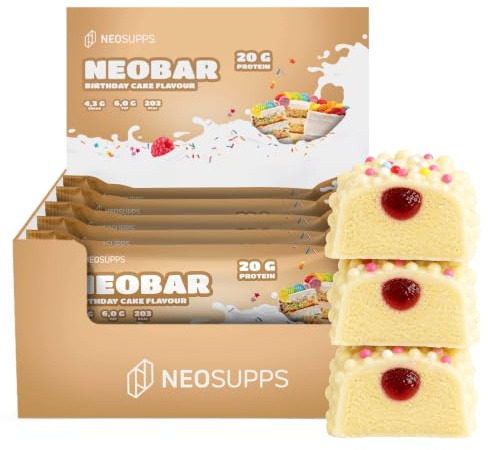 Neosupps Proteinriegel Neobar Birthday Cake – 12 x 60 g, 21 g Protein, nur 0,8 g Zucker, Low-Fat, in verschiedenen Geschmäckern erhältlich, Made in Germany – Fitness Snack