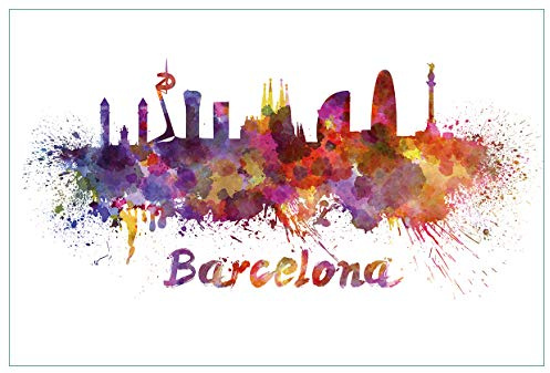 Wallario Küchenrückwand selbstklebend 90 x 60 cm, Motiv: Städte als Aquarell - Skyline von Barcelona | Spritzschutz abwischbar & pflegeleicht
