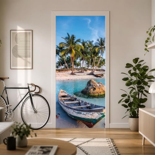 Türtapete selbstklebend 90x200 Türposter Meer Fischerboot Strand Türfolie 3D Türaufkleber - Einteilig, Wasserfest, Mieterfreundlich (Holzboot tt43)