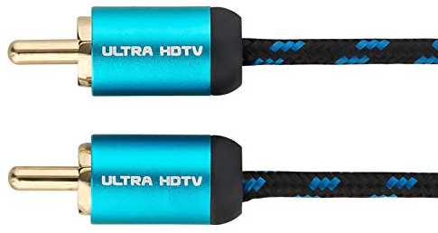 Cable Audio Video RCA de Macho a Macho de Ultra HDTV | Cable Phono de Nylon Trenzado | Adaptadores de Metal con Acabado Dorado | para Subwoofer, Altavoces, Home Cinema, TV, DVD, Receptores | 0,5 m