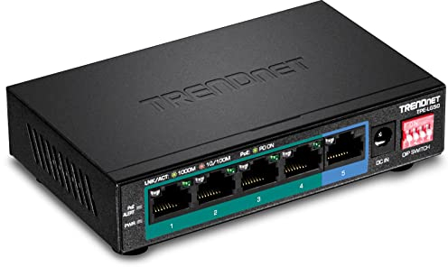 TRENDnet, TPE-LG50, 5-Port Gigabit Long Range PoE+ Switch, 4 x Gigabit PoE+ Ports, 1 x Gigabit Port, 32W PoE Budget, 10Gbps Switching-Kapazität, erweitert PoE+ 200m (656 ft), Schwarz