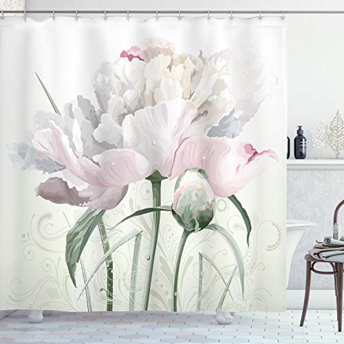 ABAKUHAUS Blume Duschvorhang, Rosa Rose Tulip Zusammenfassung, Stoffliches Gewebe Badezimmerdekorationsset mit Haken, 175 x 240 cm, Weiß