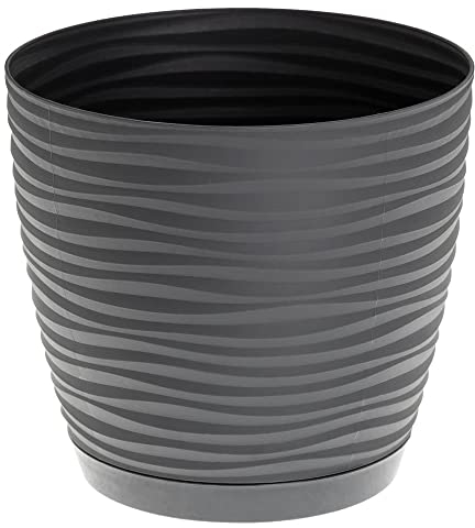 KORAD 3D Sahara Plant Pots with Matching Saucers. Decorative Planters with Drainage Holes for Indoor and Outdoor. Available in 7 Sizes (H 9.8 in (25 cm) - D 10.6 in (27 cm), Dark Grey)