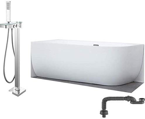 BERNSTEIN - Baignoire d'angle semi-îlot Blanc brillant design Acrylique + Bonde et trop plein, 230L, Montage à gauche - 170x75x60cm (lxLxH) - LENA CORNER