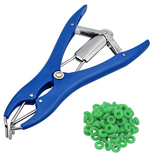 Pince De Castration Pour Animaux,Pince Pour Queue De Baguage En Castration, Avec 200 Anneaux en Caoutchouc,Pince Pour Expansion De Queue De Cochon De Chien de Mouton (Pince bleue+anneaux verts)